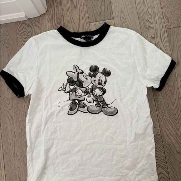 Zara Tops - Disney x Zara White Ringer Tee with Black Trim Featuring Mickey & Minnie Sketch